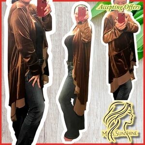 R. Vivimos NEW - Sz L - Brown Velvet -  tan chiffon - Drape Cardigan